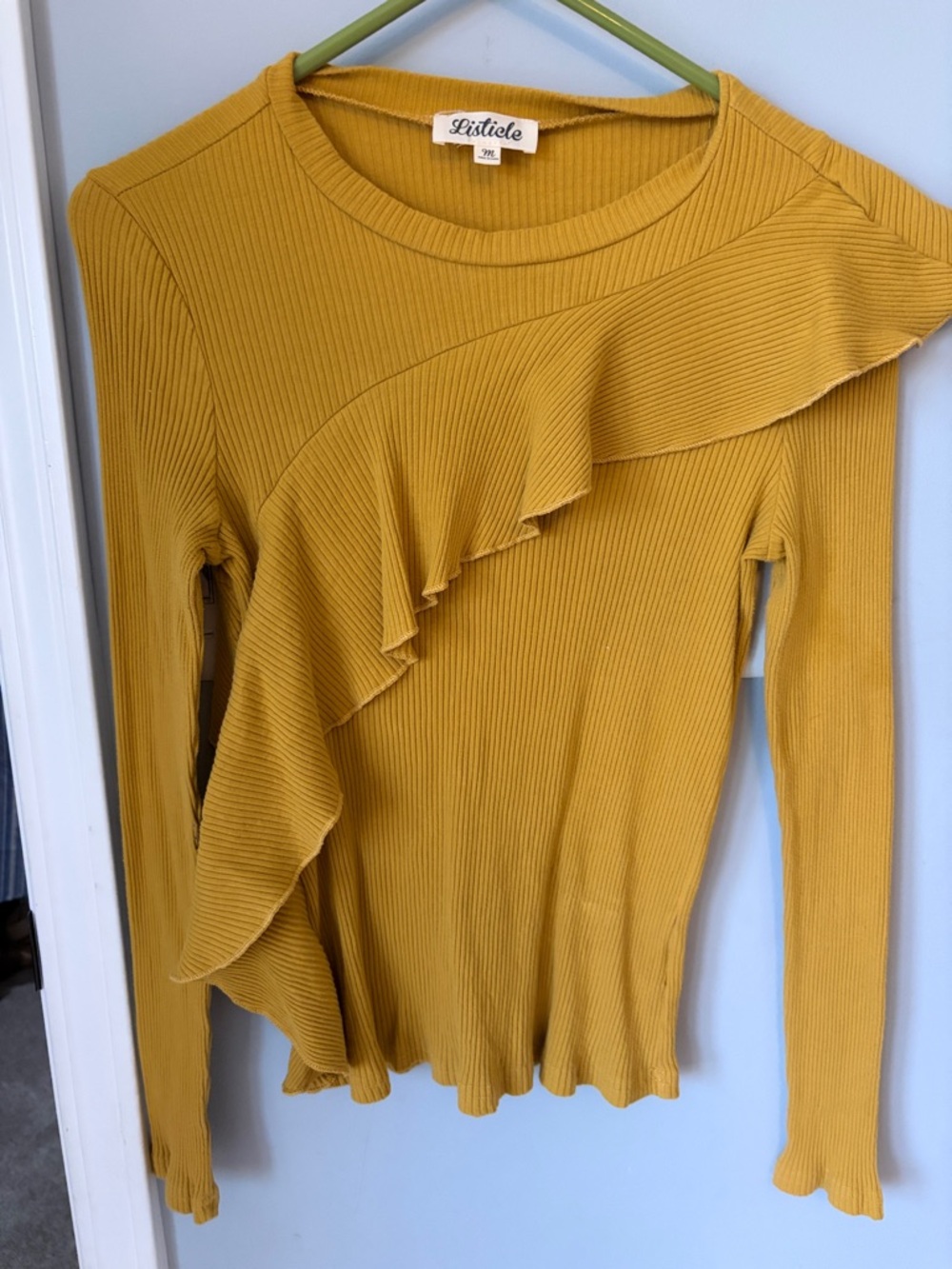 Listicle Mustard Yellow Ribbed Long Sleeve Top with Asymmetric Ruffle